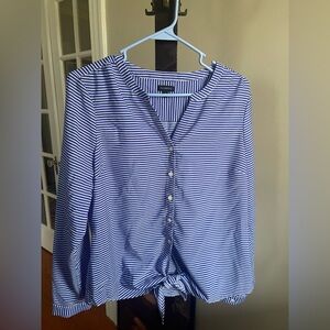 Talbots Women’s M Button Up Shirt Blue Striped Blouse Tie Front